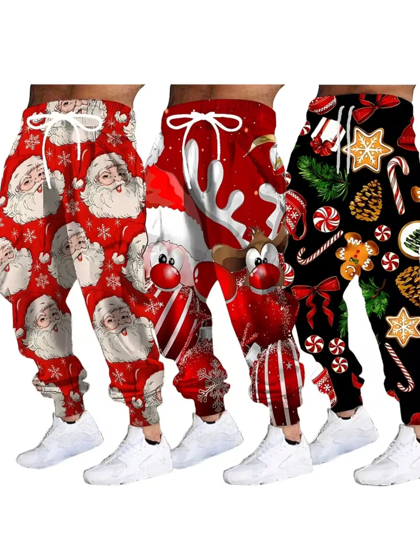 Men's Christmas Sport Pants Set, 3D Print Santa Claus Reindeer Gingerbread, Casual Drawstring Joggers, Holiday Festival Wear, Drawstring Sports Pants