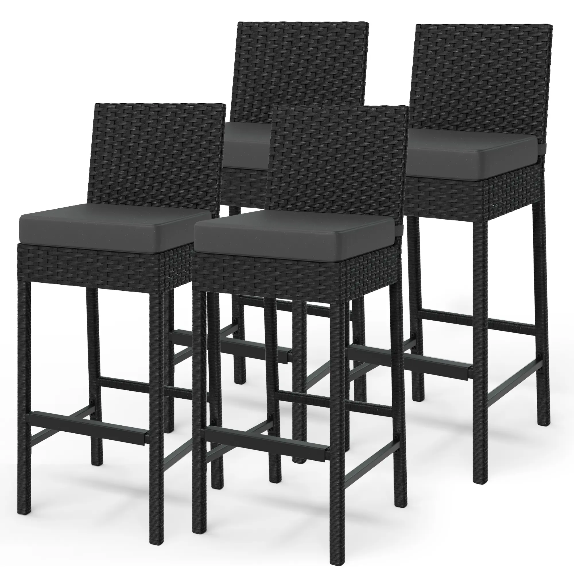 Comfortable Outdoor Wicker Bar Stools Set of 4 - Patio Rattan Counter Height Chairs with Soft Cushions - Weather-Resistant, Ergonomic Design - Ideal for Backyard Seating, 4 Pieces, Black Rattan