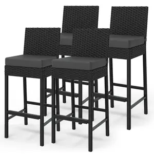 Comfortable Outdoor Wicker Bar Stools Set of 4 - Patio Rattan Counter Height Chairs with Soft Cushions - Weather-Resistant, Ergonomic Design - Ideal for Backyard Seating, 4 Pieces, Black Rattan