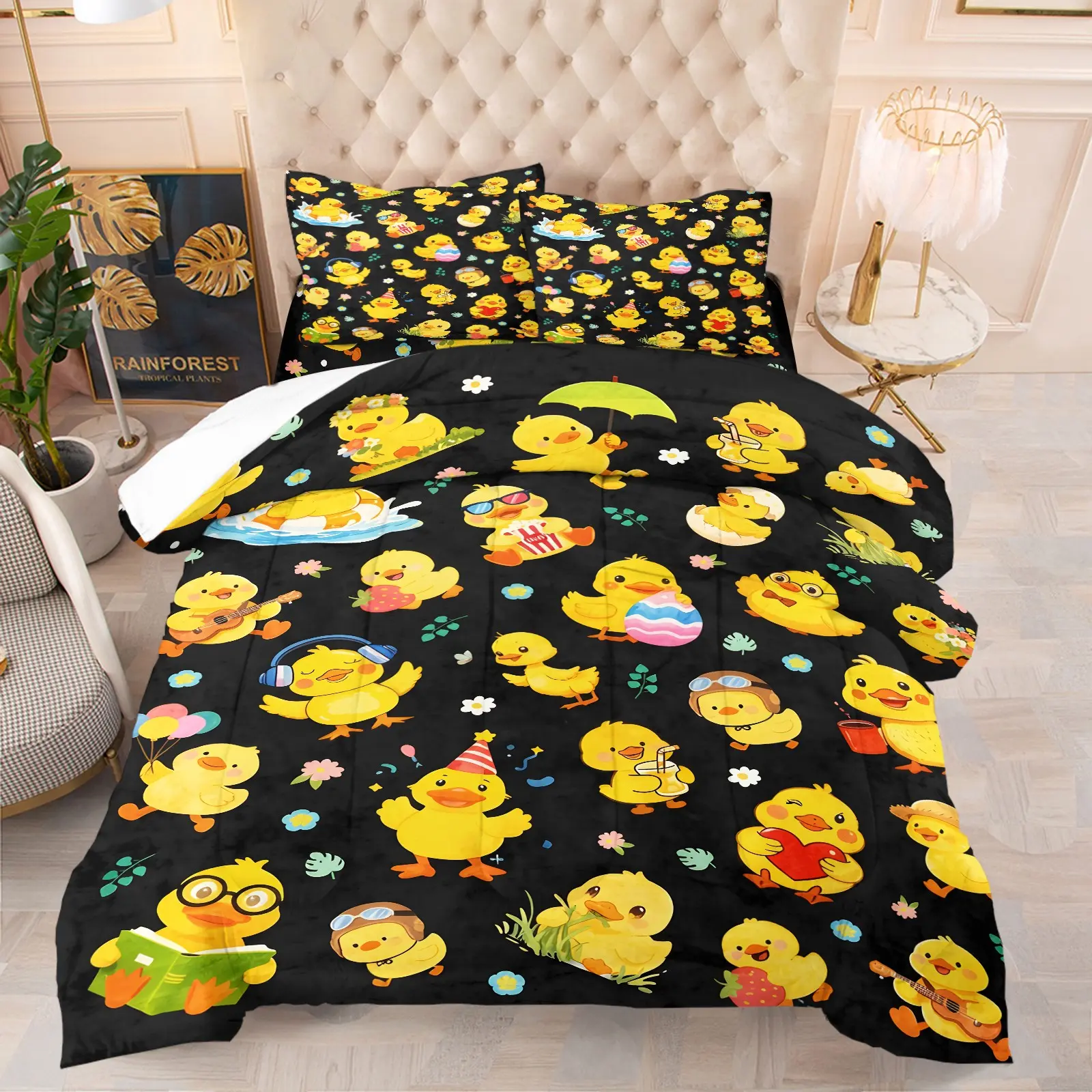 Q Version Cute Yellow Duck Comforter Set, 1 Comforter & 1-2 Pillowcases, Wrinkle Resistant & Easy-Care Polyester Fabric, Soft Skin-Friendly, Decorated With Bright Flowers, Kids Bedroom & Girls Dorm