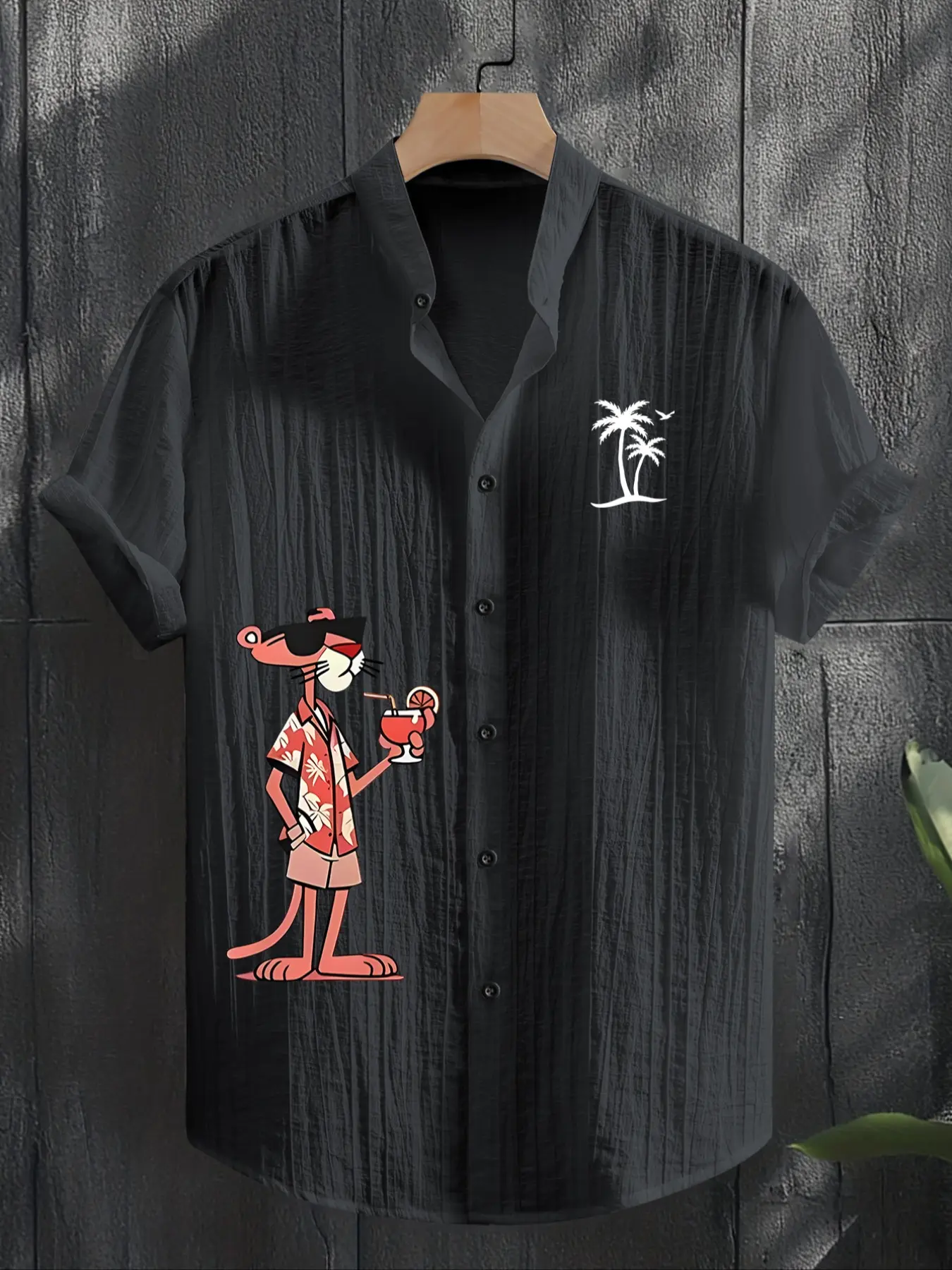 Men's Summer Casual Beach Shirt, Lightweight Breathable Polyester Spandex Blend, Cartoon Leopard Print, Stand Collar