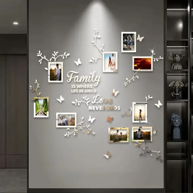 9 Butterfly Photo Frame Mirror Wall Stickers - Family Self-Adhesive Photo Frame Home Art Living Room Office Decor Decals