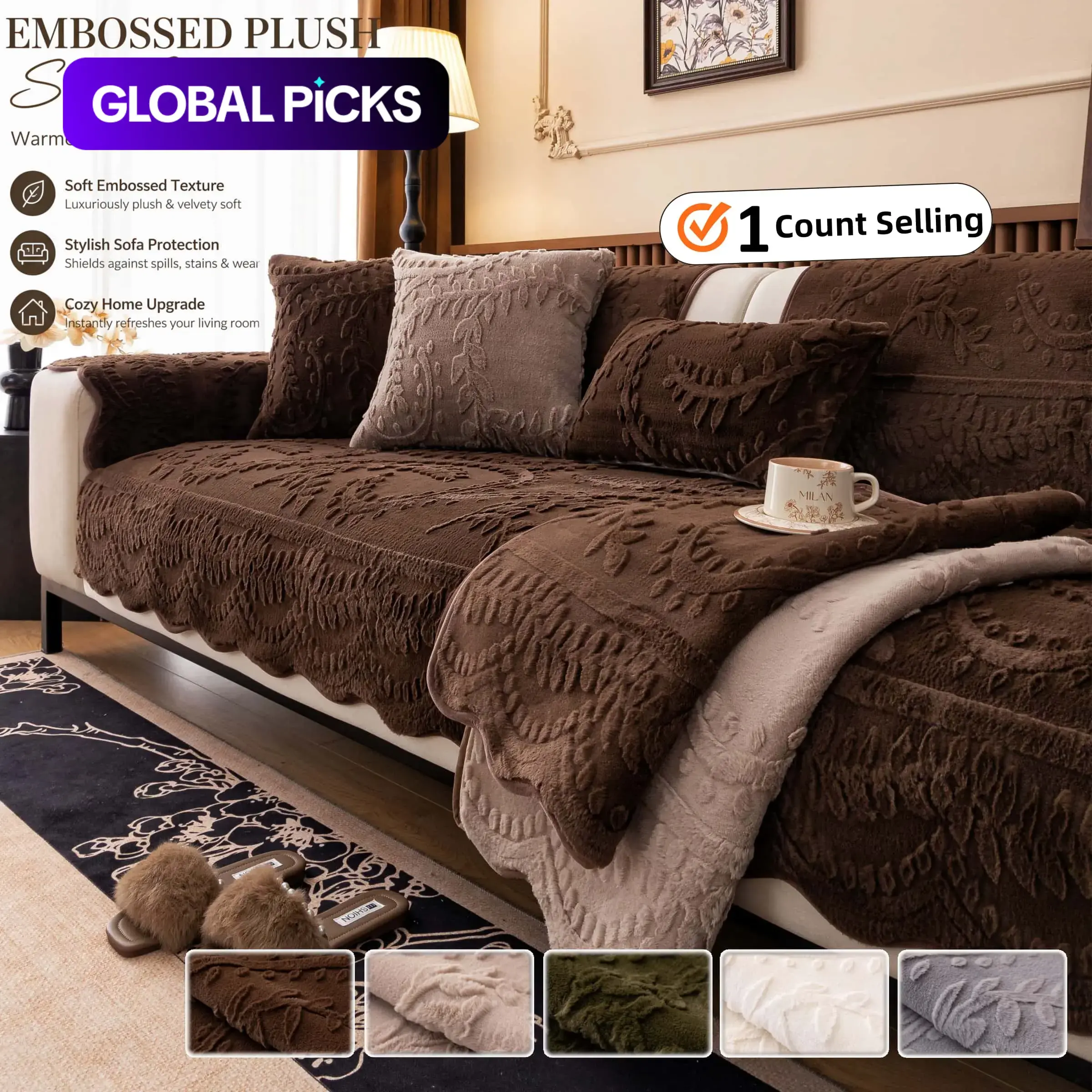 Embossed Plush Sofa Cover, Thick Non-Slip Pet-Friendly Couch Protector, Couch Slipcover, Multi-Color Sofa Covers for 2–3-Seater Sofas in Living Room or Bedroom #GLOBAL PICKS