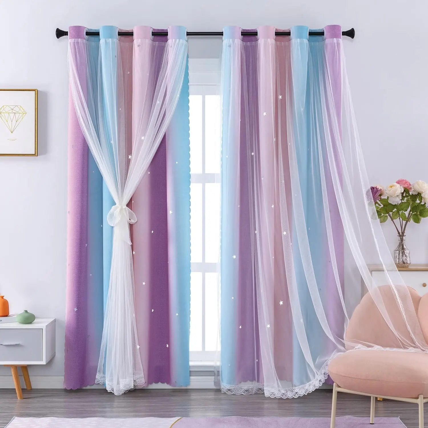Blackout Curtains - Set of 2 Polyester Double Layer 63in Long Rainbow Design Drapes for Kids' Rooms, Pink/Purple Ombre Unicorn Princess Theme Decor, W34 X L63
