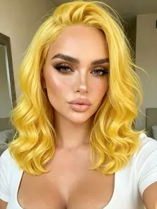 Lemon Yellow Short Body Wave Synthetic Lace Front Wig 13x4 HD Lace Front Wig Pre Plucked with Baby Hair Yellow Short Wavy Synthetic Wig Glueless Lace Frontal Wig for Daily Christmas Party Cosplay Use