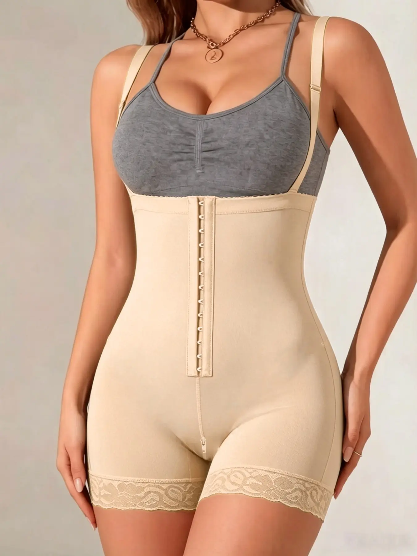 1 Count Women's Underwear Butt Lifting And Tummy Control And Hooks Design Body Shaperwear, Colombian Shapewear, Fajas, Compression Full Lifting Hip Enhancer Medium Support Bodysuit, Lace Detail Elastane Blend Jumpsuit, Suitable For Classic Daily Wear