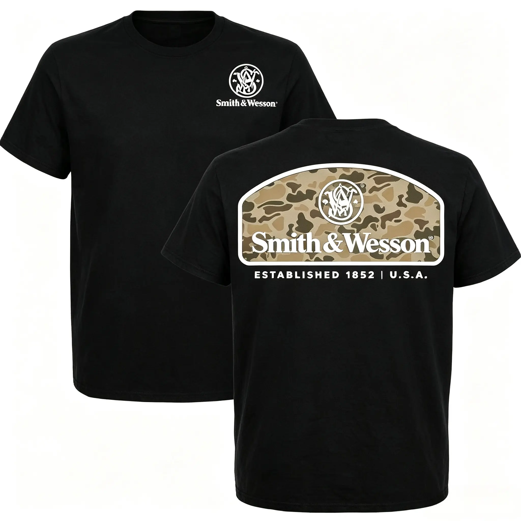 Women's Smith & Wesson Hunter Wheat Camo Short Sleeve Cotton Graphic Top, Casual Tactical T-Shirt for Gun Enthusiasts - KitchenEra