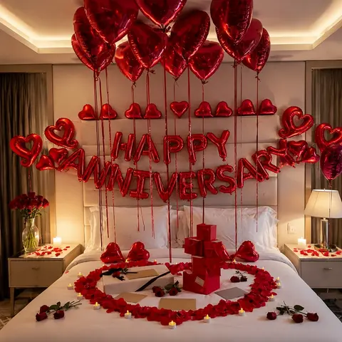 Romantic Anniversary Decoration Set, Red Heart Balloons & 1000Pcs Artificial Rose Petals, Valentine's Day Surprise Room Decor, Wedding Anniversary Party Decoration, Balloon Decorations Kit