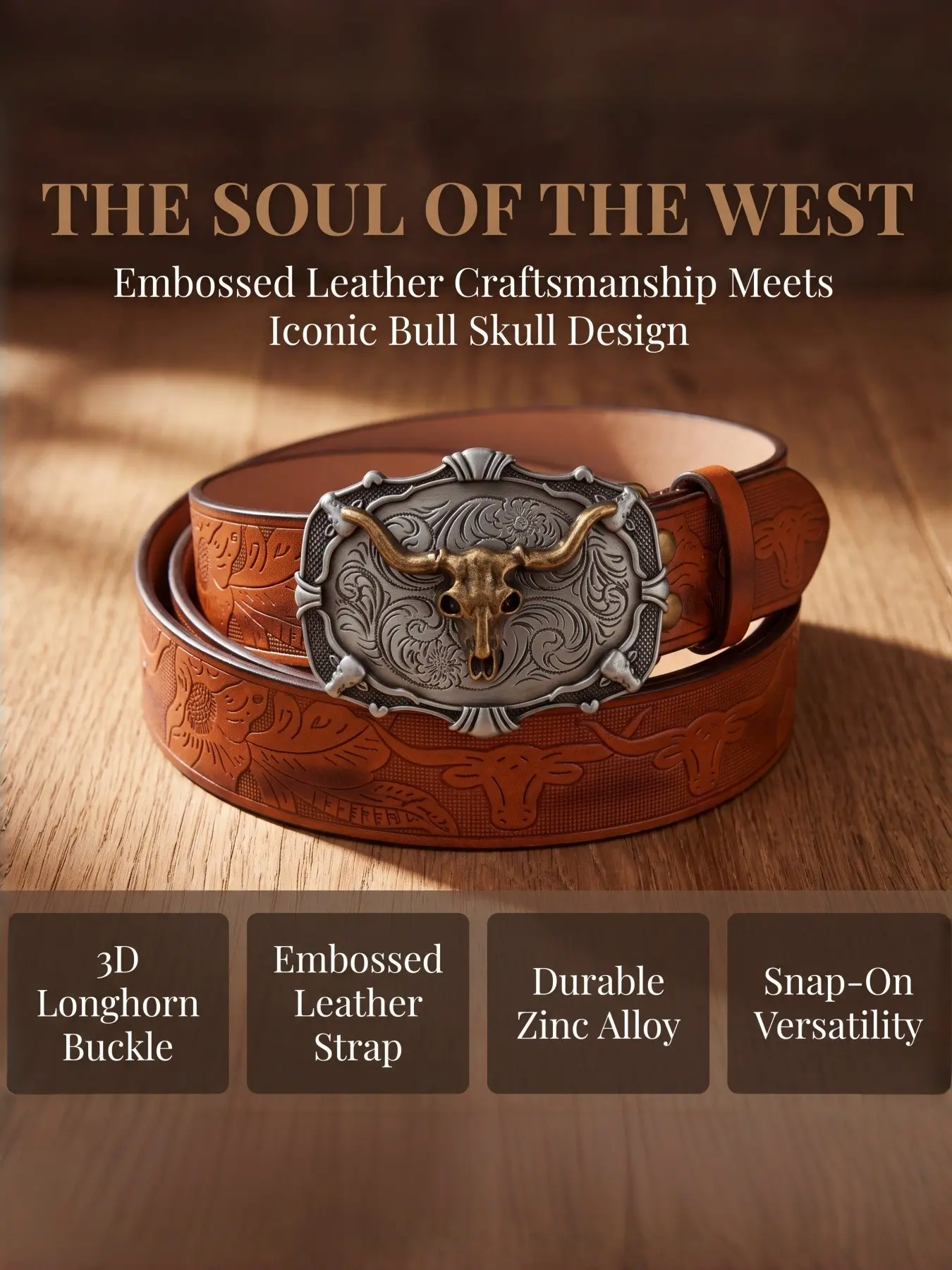 Men's Vintage PU Belt, Bull Head Metal Buckle, Western Cowboy Style, Durable Design, Casual All-Season Accessory, Outdoor Wear
