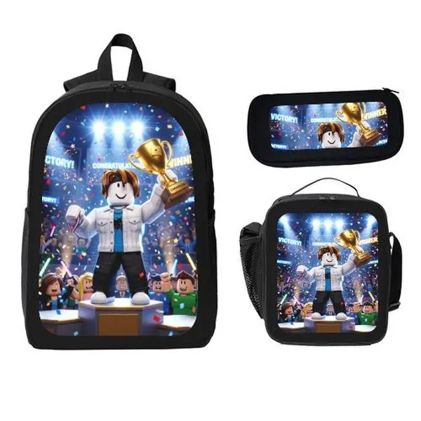 Roblox 3PCS Polyester Backpack Set for Elementary School Boys - Character Art Gaming-Print Bookbag, Insulated Lunch Bag, Pencil Case
