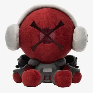 Red Cross X Robot Plush Toy Chibi Sitting Mecha Character Stuffed Doll Big White Fluffy Earmuffs Solid Red Round Head Crossed Dark X Embroidery Mark Gray Mechanical Torso Dual Back Gun Prop Red Padded Feet Soft Flannel Cool Tech Plushie Gift For Teens Sci
