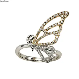 Two-Tone Gold Silver Hollow Butterfly Statement Ring, Micro Pave CZ Asymmetrical Split Wing Elevated Insect Design Band for Women Spring Daily Wear