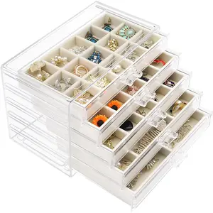 Box with 5 Drawers, Clear Earring Storage Organizer Display Case for Women Girls, Beige