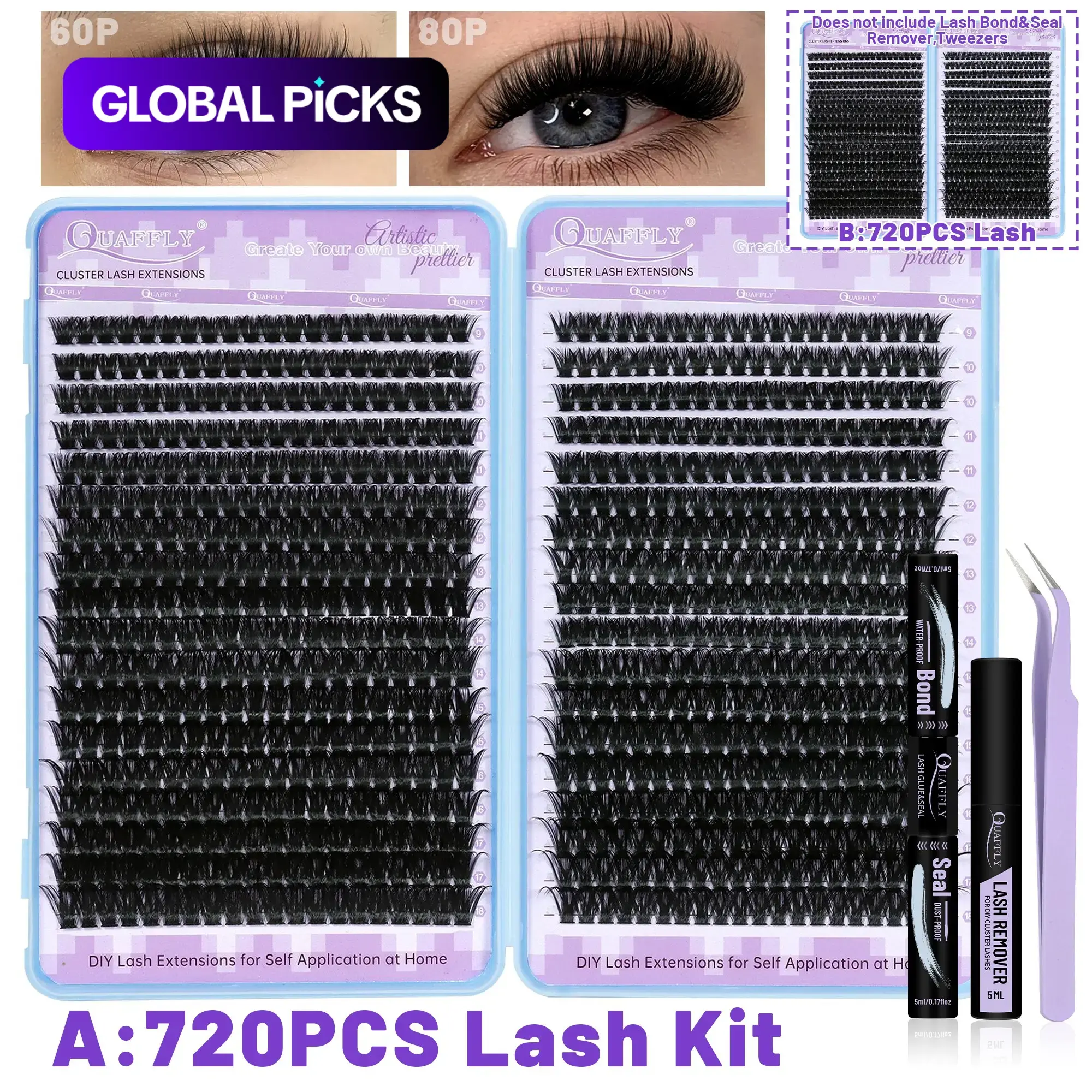 720pcs D-Type Lash Curler Set, Natural Lash Extension Kit, 60D+80D, 9-17mm-0.07D, Home DIY, Liquid Form, No Flammable Liquid
