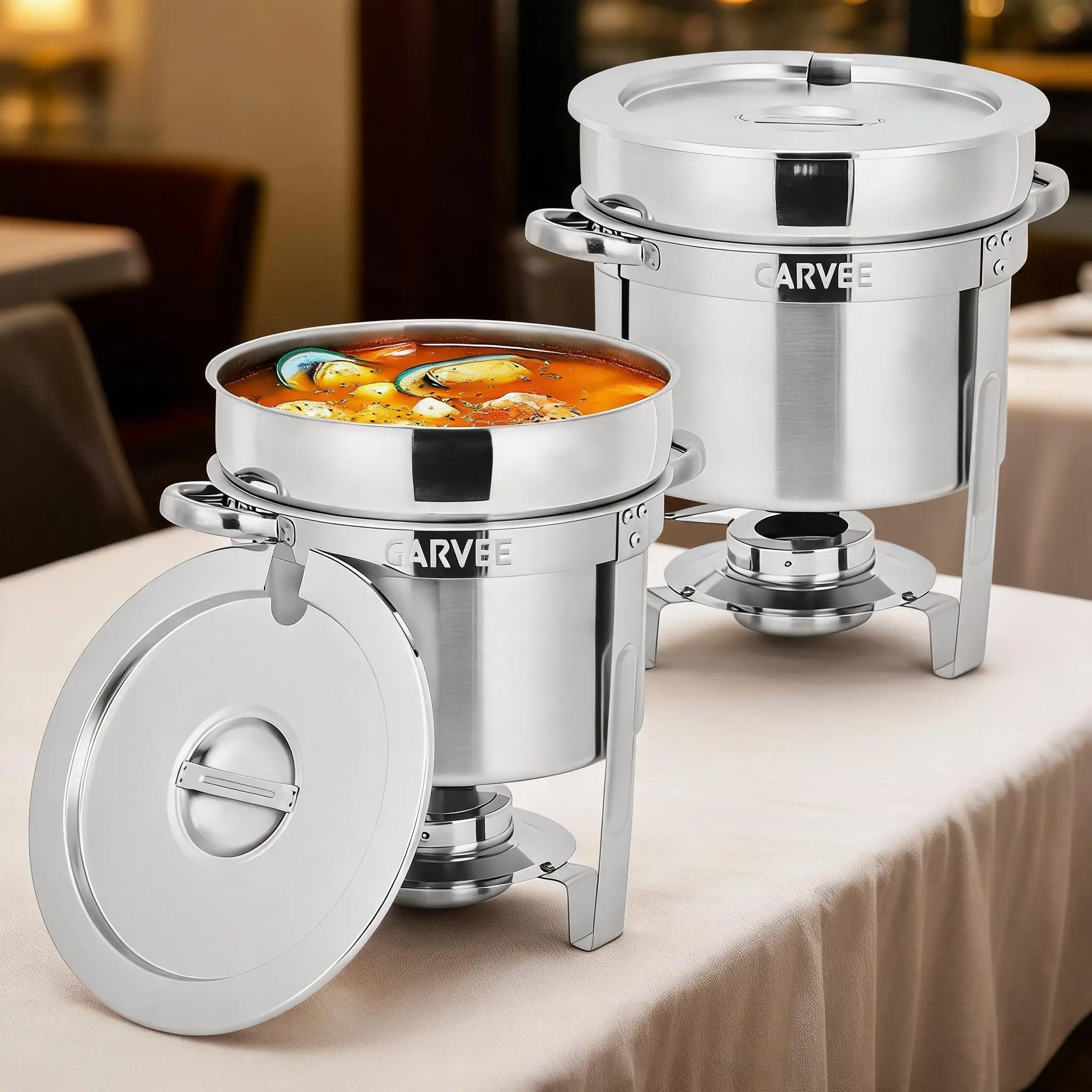 Garvee 7 Qt Commercial Soup Chafer Set - Stainless Steel Round Soup Warmer with Pot, Notched Lid & Fuel Holder - Buffet Catering Soup Chafing Dish for Banquets - 2 Pack