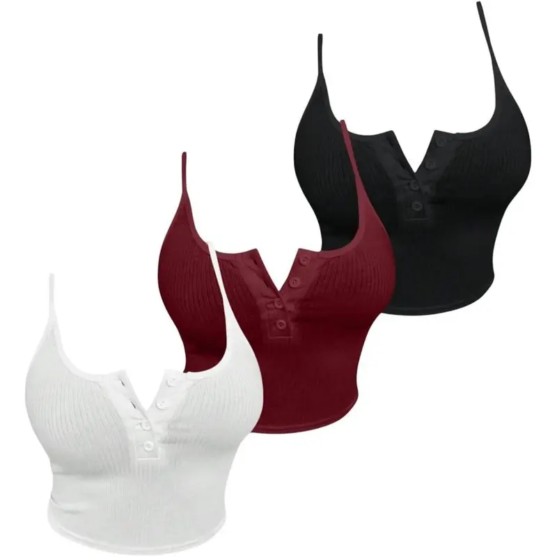 Women's Ribbed Cami Top 3 Piece Cropped Camisole Tops| Button Down, Spaghetti Strap