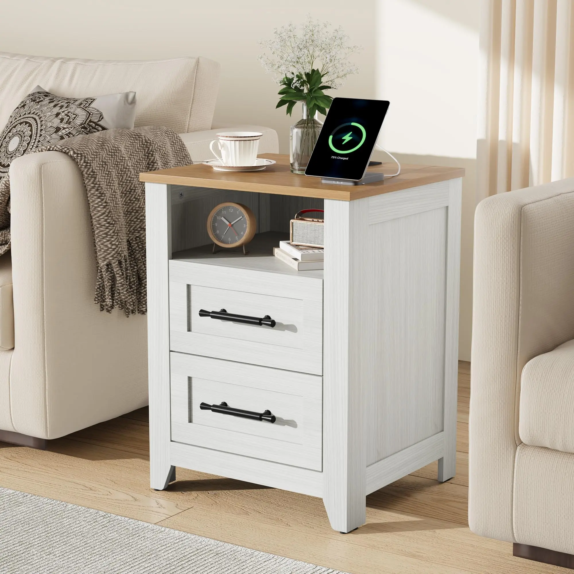 Nightstand Set Of 2 With Charging Station USB C Ports AC Outlets Bedside Table Wood End Table Side Table With 2 Drawers Storage Open Shelf Farmhouse Bedroom Furniture Set For Living Room College Dorm Apartment Small Space MDF