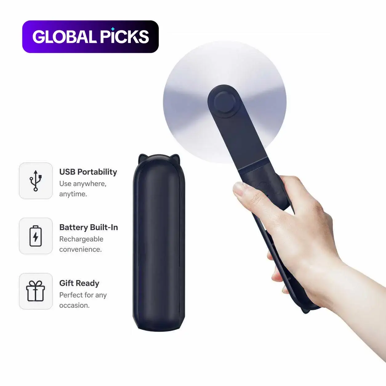 Portable Handheld Mini Fan, 3‑in‑1 USB Rechargeable Battery‑Powered Foldable Personal Pocket Fan for Travel, Summer, Concerts and Lash Appointments, Cordless Small Fan, Usb Fans, Gift for Women #GLOBAL PICKS