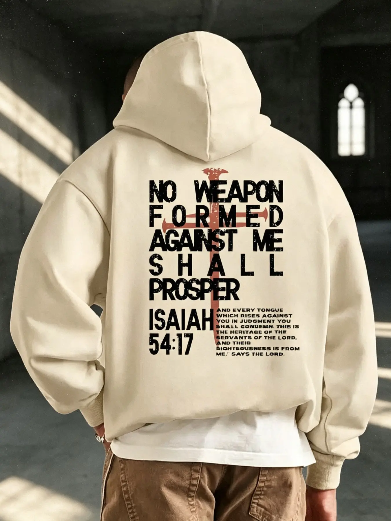 Men's Loose Fit Hooded Sweatshirt, Isaiah 54:17 Bible Verse, Cross Letter Print, Casual Christian Theme, Long Sleeve Pullover