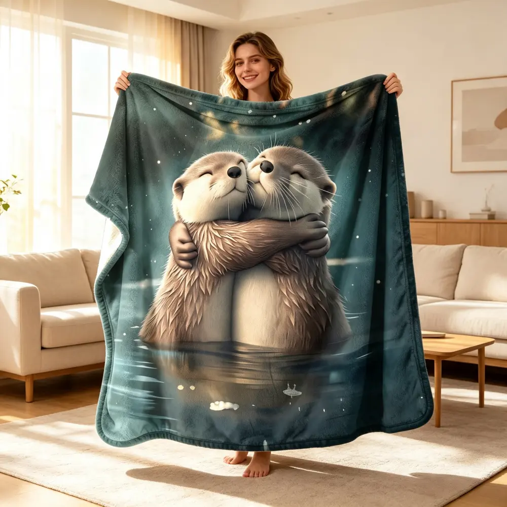 Flannel blanket featuring two cute otters embracing in the water; soft, cozy, and warm. Perfect as a plush decorative throw for the sofa or bedroom, and makes an excellent gift for children, family, and friends.