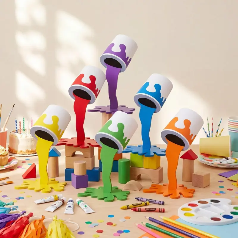 Amyhill 6 Pcs Art Paint Party Decorations Wooden Paint Bucket Centerpieces Table Sign Colorful Art Splatter Party Decorations for Back to School Birthday Table Decor Artist Baby Shower Supplies