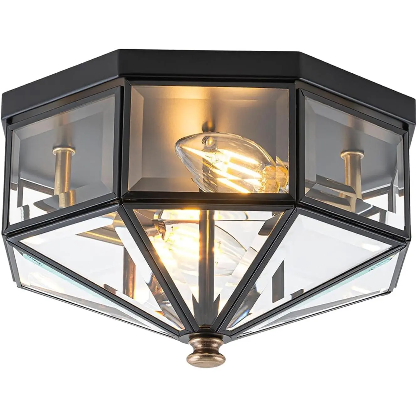 Flush Mount Ceiling Light Fixture, 2-Light Copper Outdoor Ceiling Lights, Octagonal Flush Mount Light with Clear Glass, Black Close to Ceiling Light for Hallway Bedroom Porch Balcony