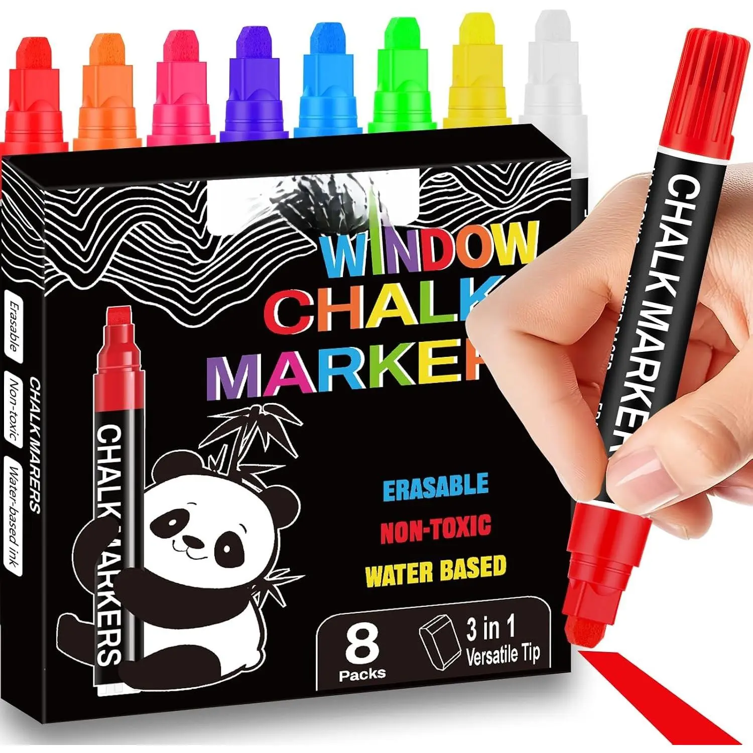 Window Chalk Markers for Glass Washable, 8mm 3-in-1  Liquid Chalk Marker Thick Nib, Erasable   Pens for Auto Window, Mirror, LED Board, Bistro & Poster Art - 8 Colors