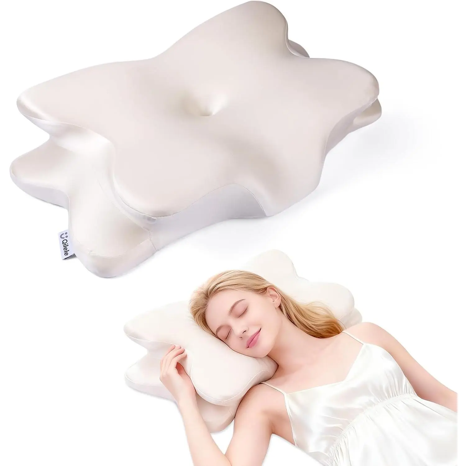 Ergonomic Butterfly Pillow for Neck Back Pain Relief, Cervical, Breathable Ice Silk Anti-Wrinkle Cover, SGS Certificates, Side Back Stomach Sleeper, Medium Thickness 25.6*16.9*5.1"