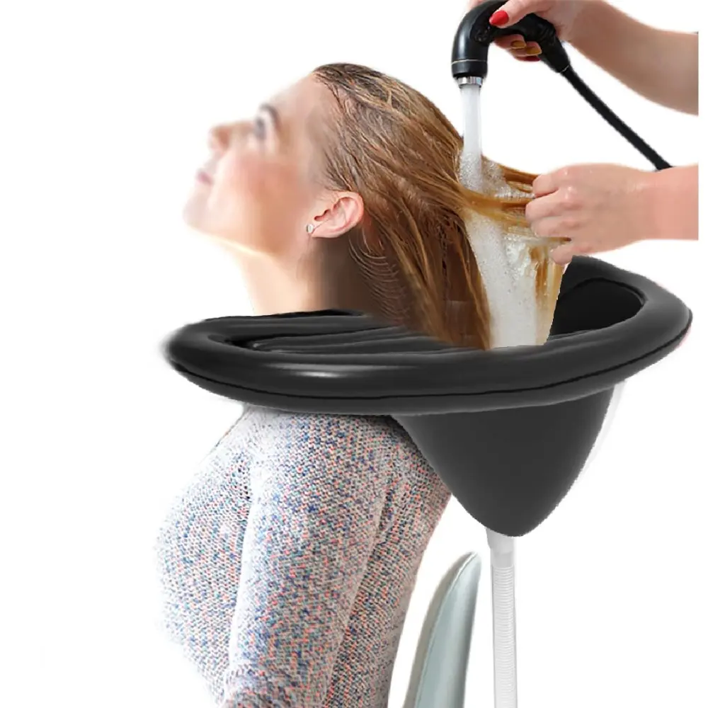 Portable inflatable hair washing basin with air pump for quick inflation. Soft neck-friendly design for elderly & disabled people. Ideal hair wash tray for bedroom home care, hospital nursing and hair salon without bending over. Shampoo Basin