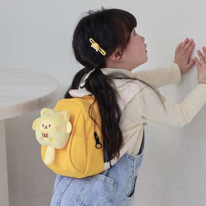 Cute Canvas Kids Backpack with Removable Plush Doll, Lightweight Unisex Daypack for Toddlers, Preschool and Kindergarten, Plain