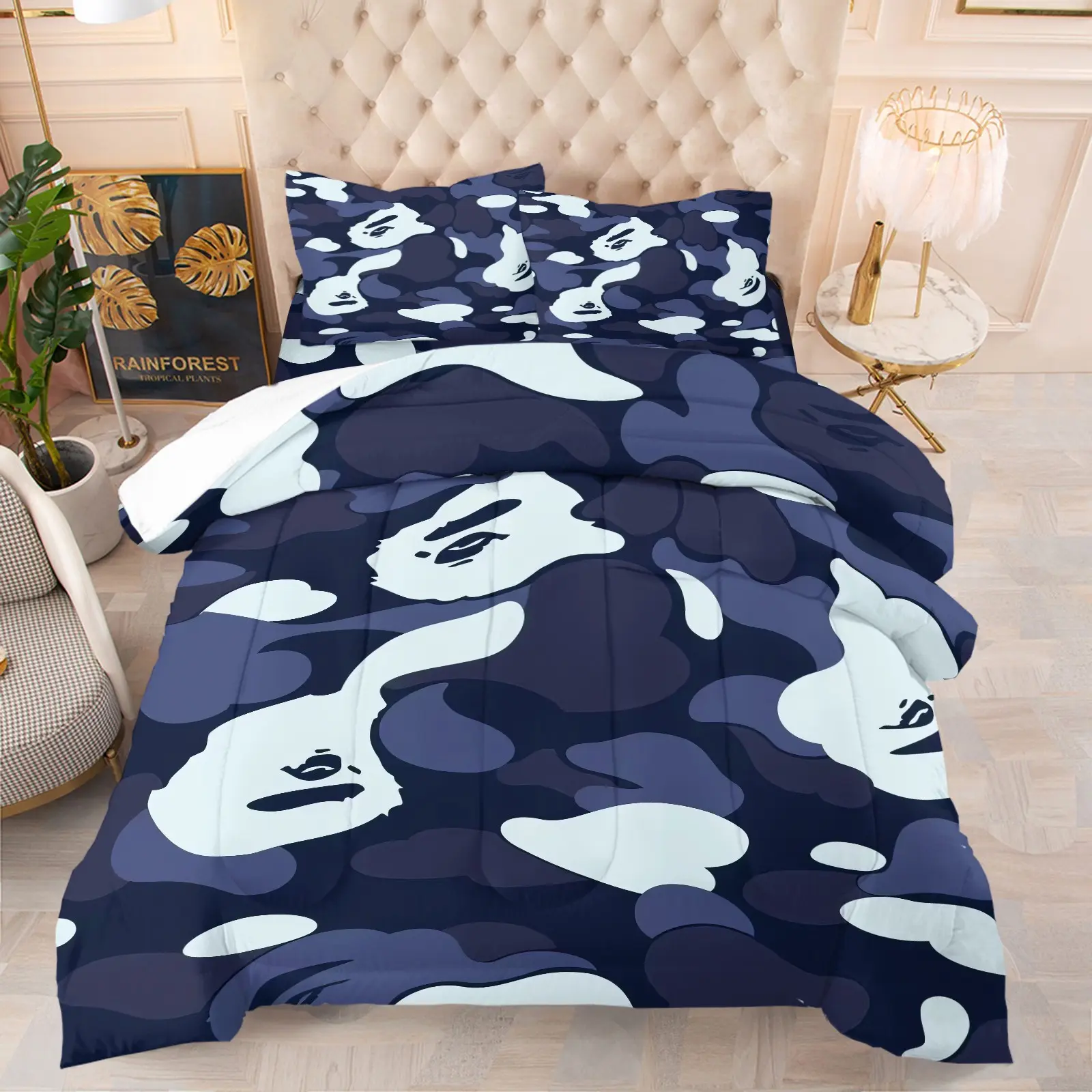 Dark Blue Camouflage Pattern Comforter Set, 1 Comforter + 1/2 Pillowcases, Soft Comfortable HD All-Season Bedding, Ideal for Street Style Fans, Modern Apartment & Cool Bedroom Decor, Decorative Theme Bedding Set