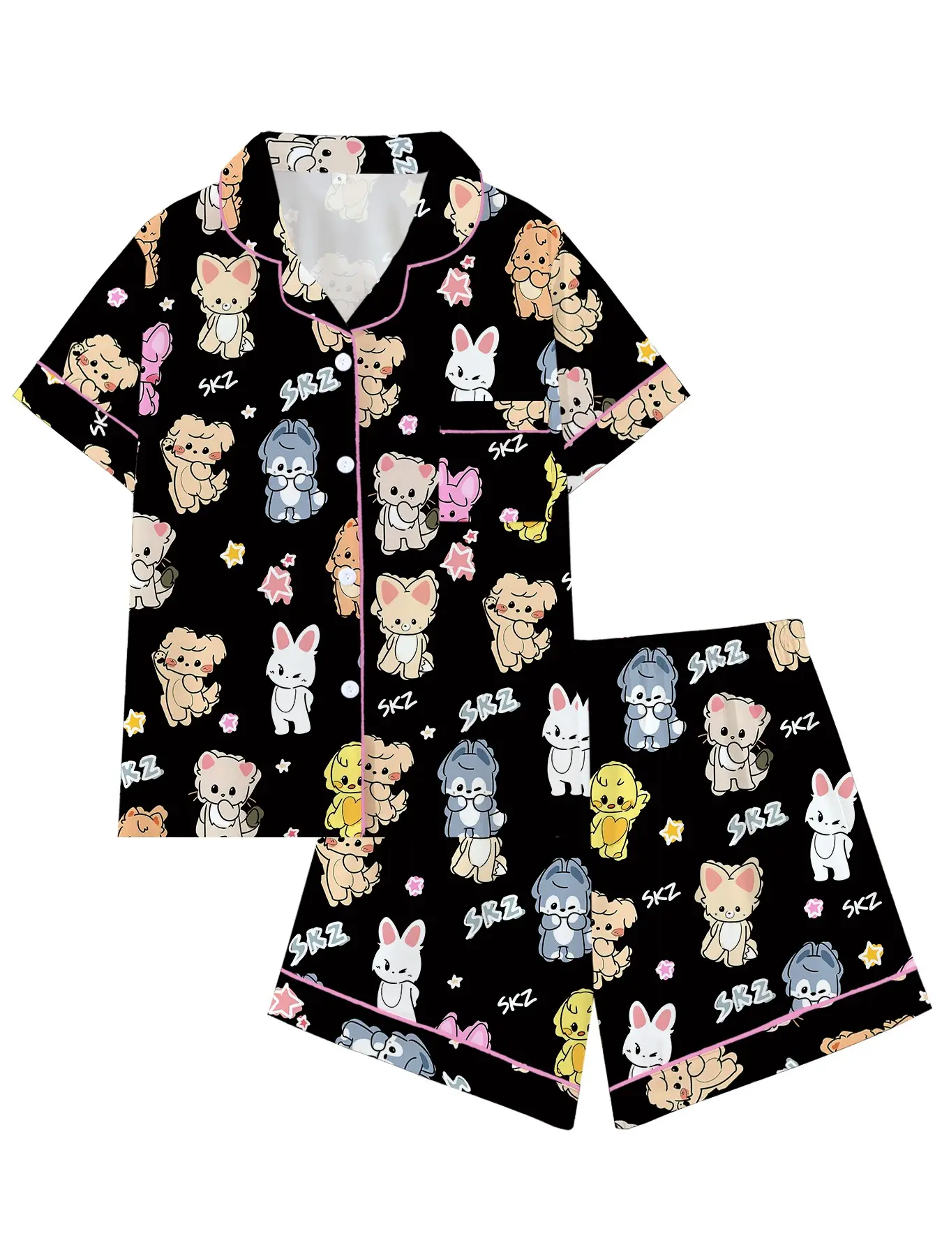 Women's Cute Korean Idol Cartoon Print Pajama Set, Short Sleeve Open Front Two-Piece Home Wear, Role Play Sleepwear, Loungewear, Fan Gift