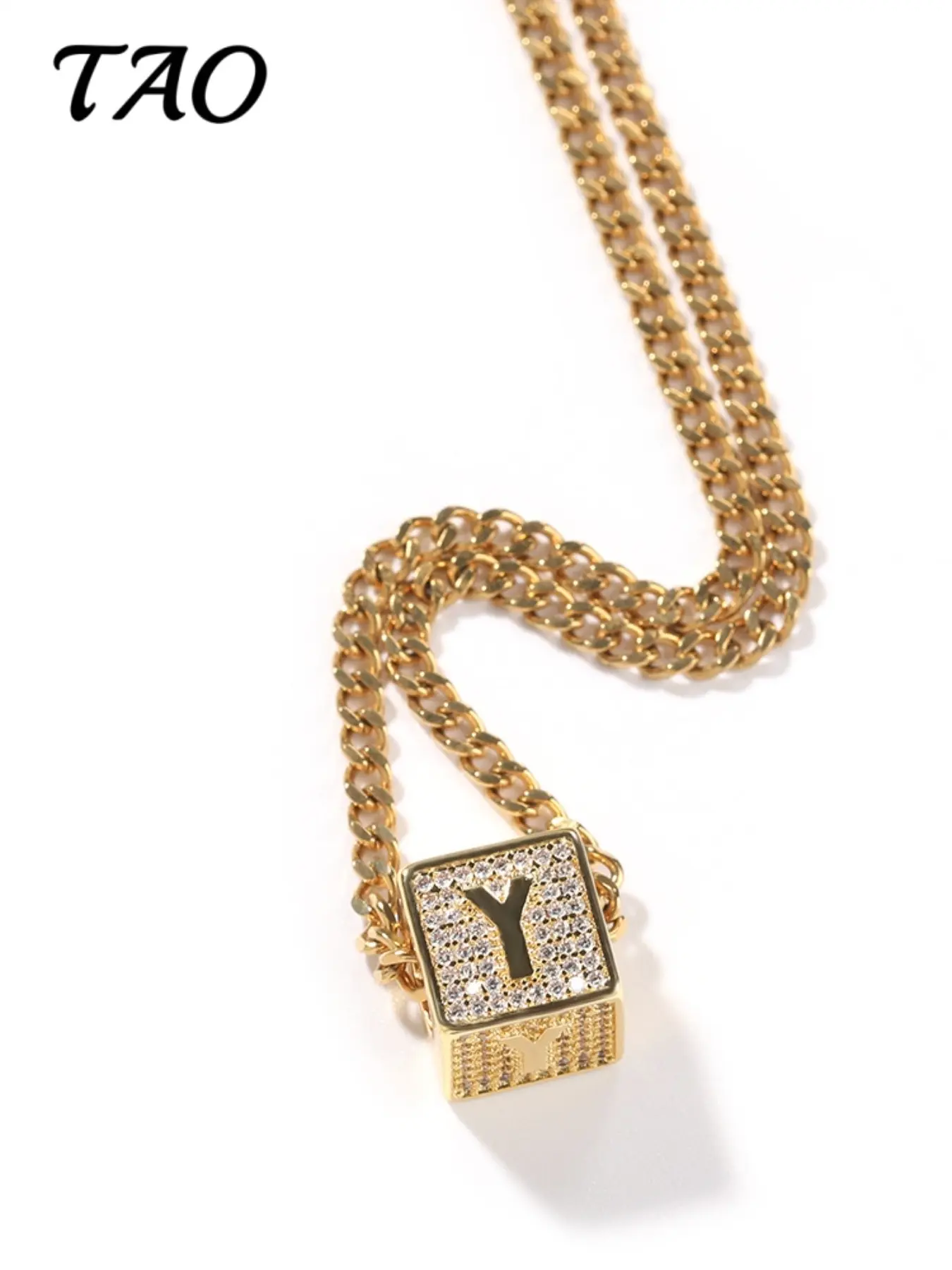 TAO-Creative Zircon Square Pendant Necklace, A-Z Letter Charms, 24-Inch Braided Chain, Hip Hop Style, Luxurious and Versatile, Letters Necklace