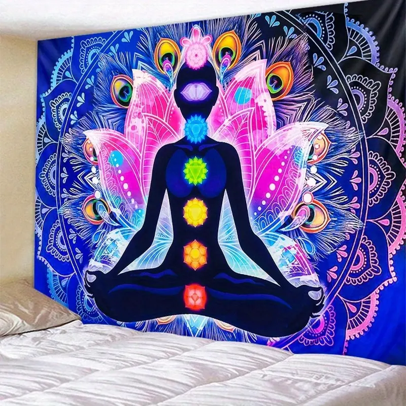 Meditation Tapestry Wall Art with Seven Chakra Mandala Spiritual Print Bohemian Yoga Decor for Bedroom Living Room Dorm Apartment Aesthetic Wall Hanging,vintage,letter,