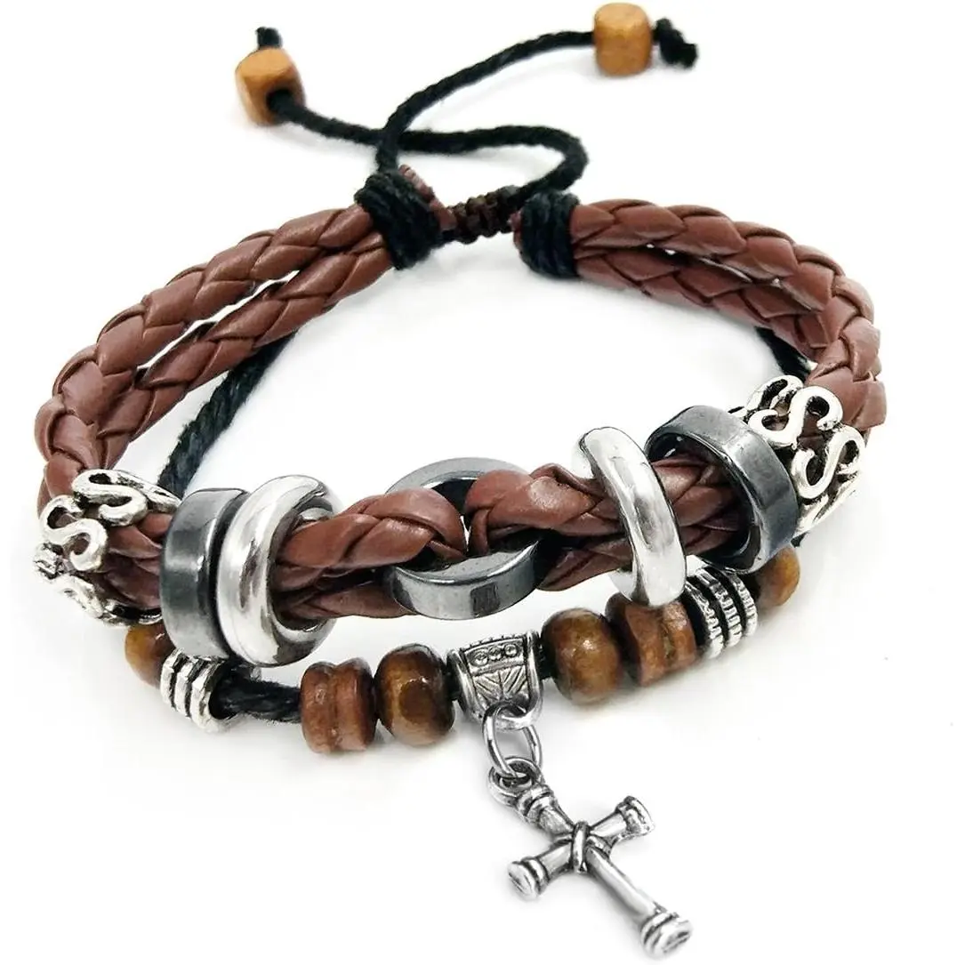 Multilayer Adjustable Leather Woven Braided Bangle  Bracelet Leaf Wrist Cuff Wristband