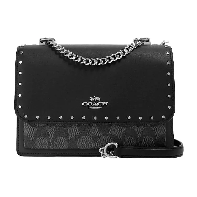 Coach Klare 22 Crossbody Bag for Women – Metallic Chain, Coated Canvas and Leather, Small Gray Monogram with Black Verifiable, with credentials and supporting global authentication