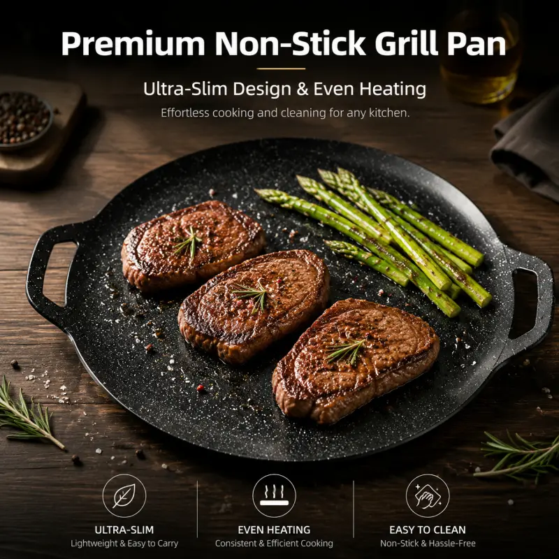 Premium Non-Stick Round Grill Pan with Handles | Ultra-Slim, Even-Heating Marble-Coated Griddle for Steak, BBQ, and All Stovetops