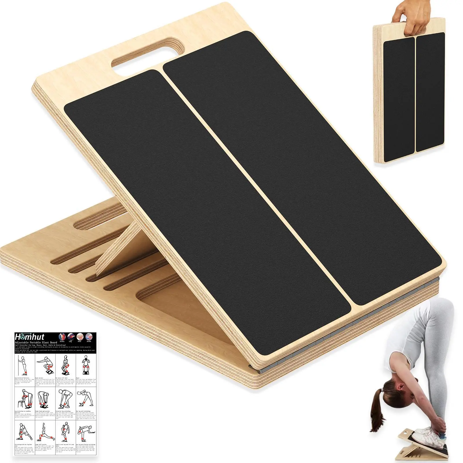 Portable Wooden Slant Board for Calf Stretching,Adjustable Incline Calf Stretcher and Squat Wedge for Exercise, Physical Therapy and Ankle Mobility,for Knees, Feet and Achilles Support