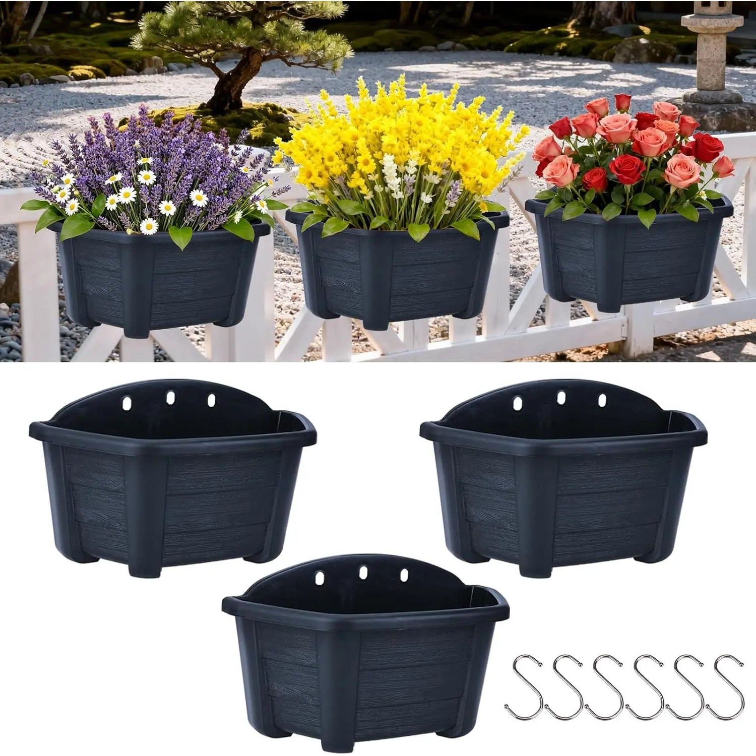 3 Pack  Planters for Railing, 9.84 Inch Plastic Window Box with Drain Hole Plug, Indoor Outdoor  Pots for Balcony Fence Garden Decor (Black)