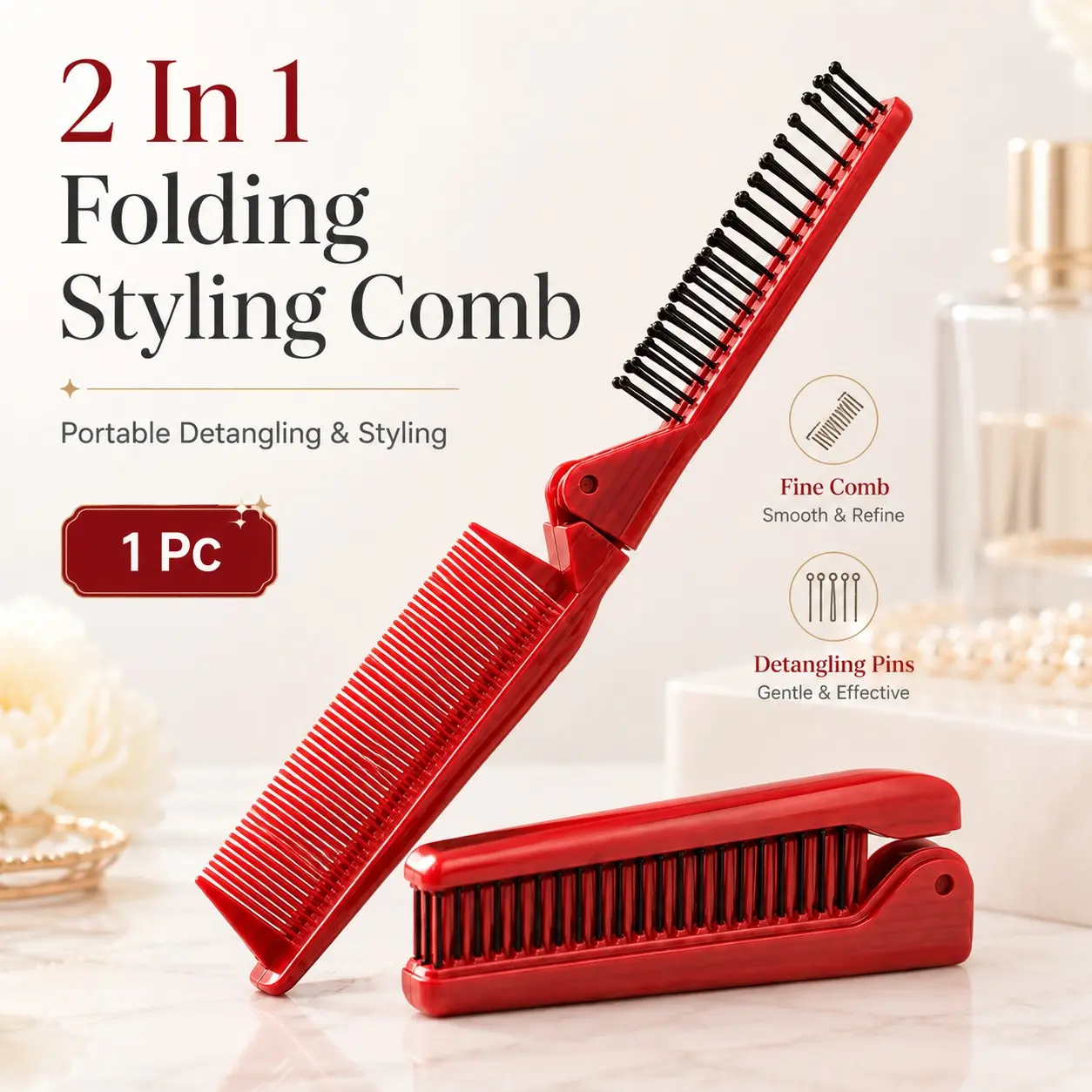Dual Purpose Foldable Pocket Hair Comb, Portable Travel Folding Hair Brush, Mini Anti-Static Detangler for Curly & Straight Hair