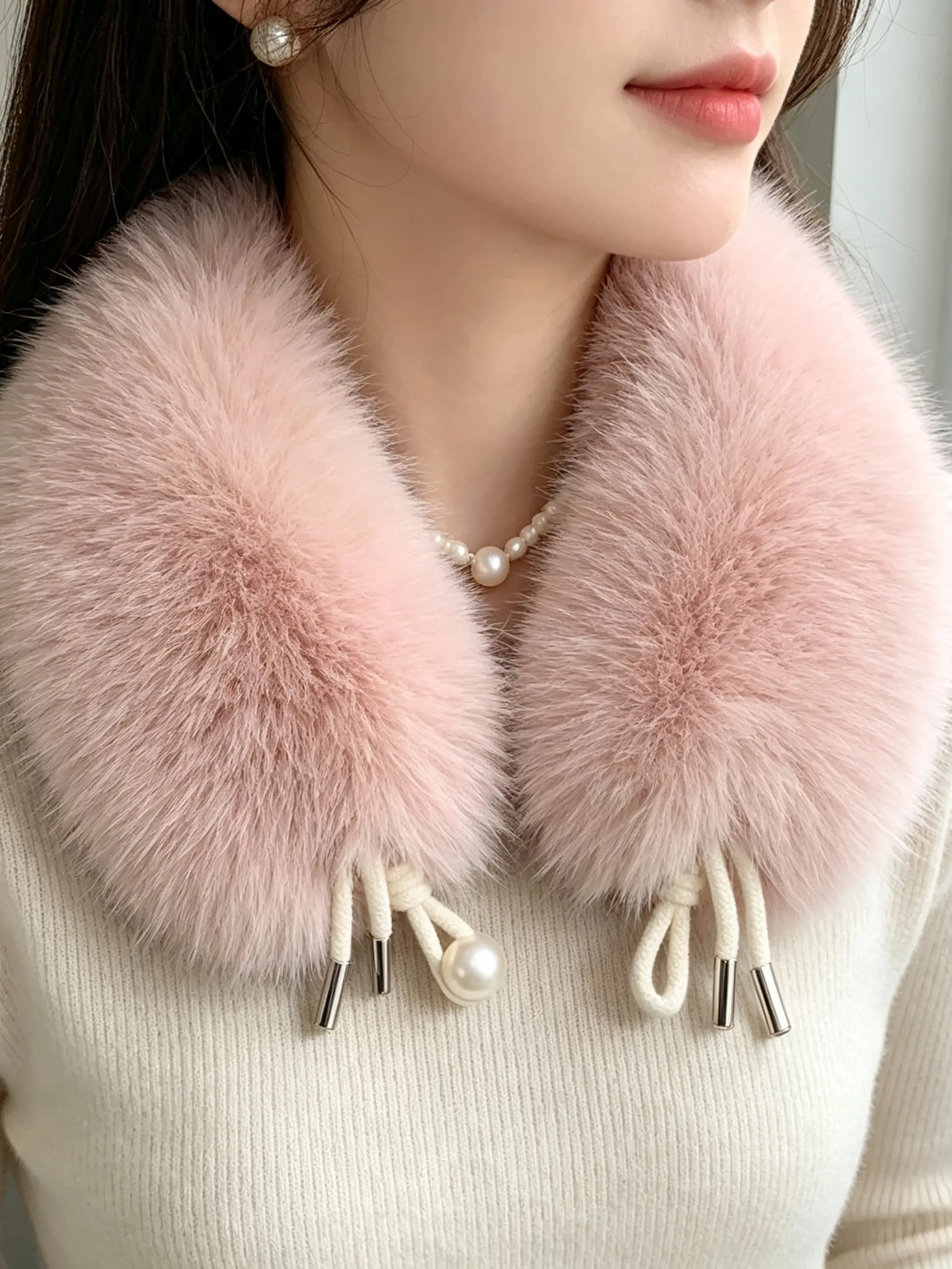 Women Faux Fox Fur Neck Warmer with Pearl Decor, Elegant Soft Plush Windproof Collar Scarf, Stylish Warm Winter Neck Wrap for Daily Party Dating Commute Outfit, Neck Scarves