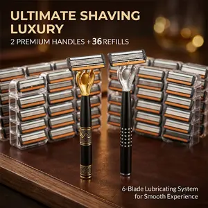Luxury Shaving Set with 6 Layers of Blades (2 Handle Blades+36 Replacement Blades) for quick shaving, comfortable veneers, long-lasting sharpness and durability, protecting the stratum corneum of the skin, and can be directly rinsed and cleaned