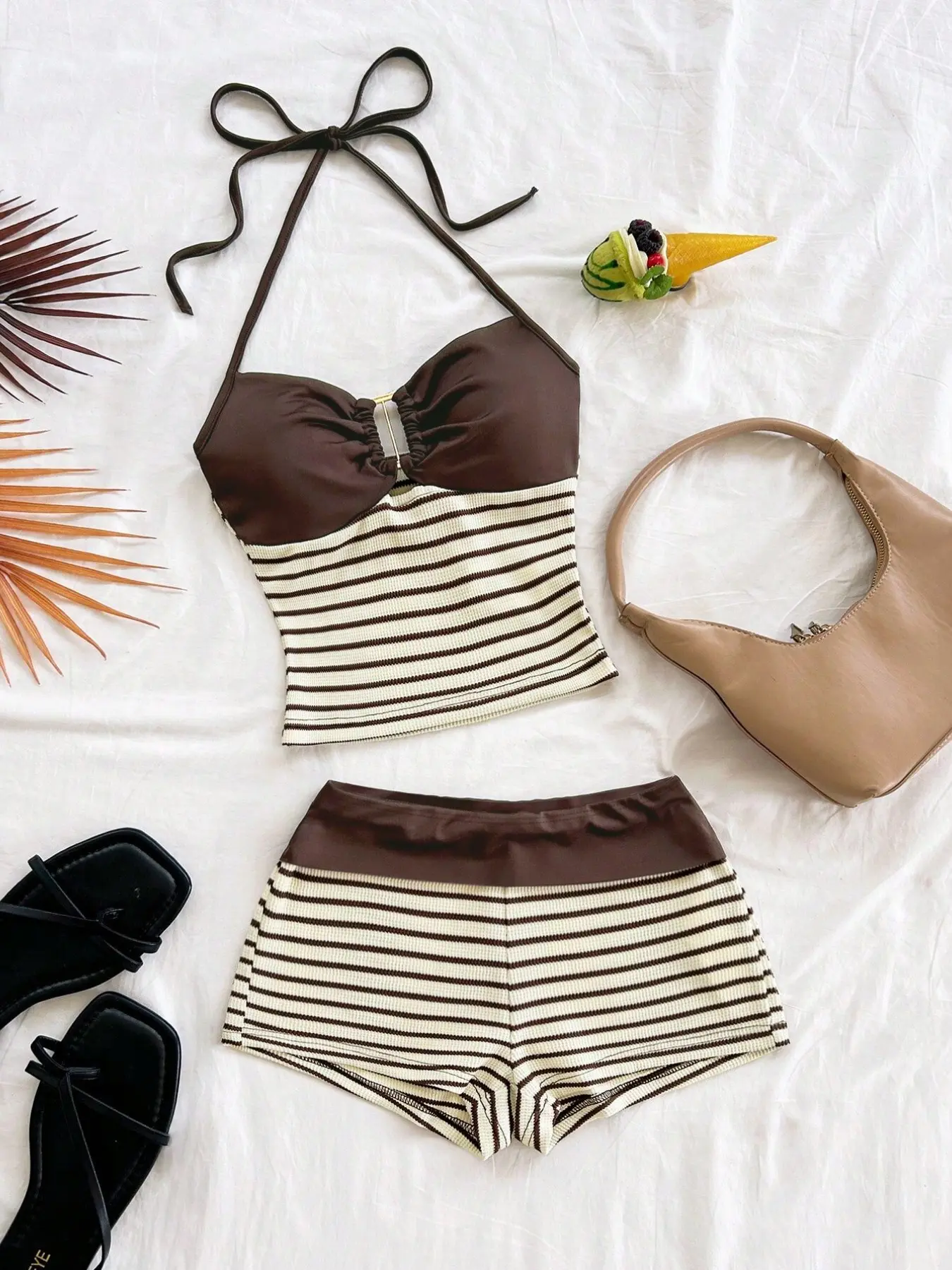 2026 Summer Women's New 2-Piece Set, European Style High-Waisted Stripe Pleated Skirt, Slimming Halter Top with Metal Buckle, Chic and Versatile Matching
