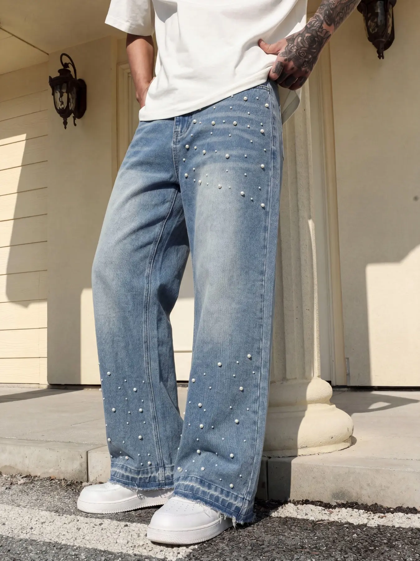 Men's Blue Washed Loose Wide Leg Jeans Embellished with Pearls & Rhinestones, Raw Cuffed Hem Design, Trendy Y2K Designer Streetwear Denim Pants, All-Season Daily Wear for Men, Baggy Rhinestone Jeans