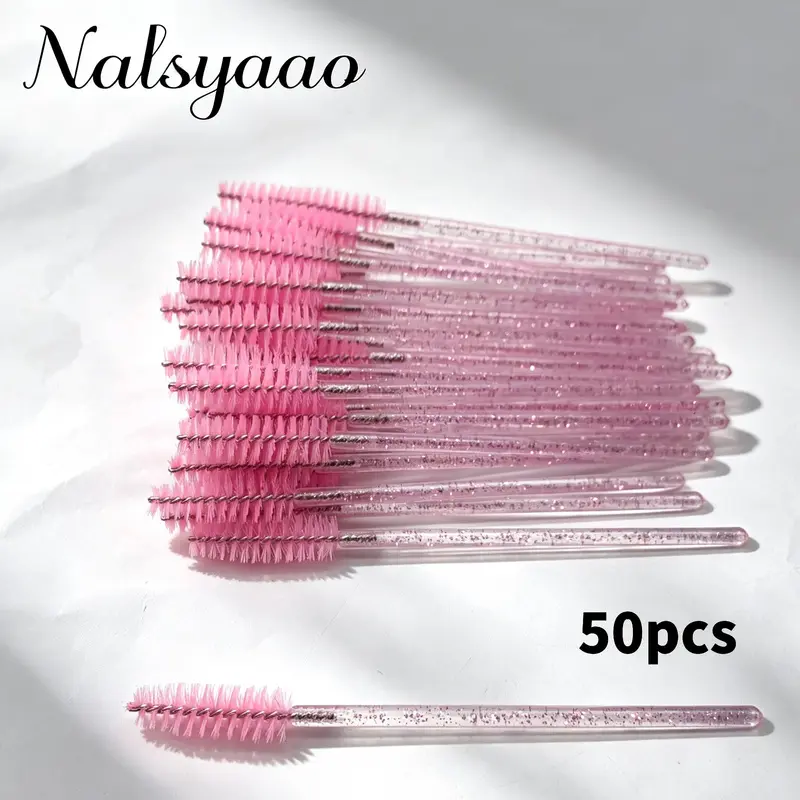 50 Pcs Crystal Handle Eyelash Brush Set, Spiral Head Dual-Use Makeup Tool, Eyelash Tools, Cosmetic Brushes, Soft Nylon Bristles, Gentle on Lashes and Brows