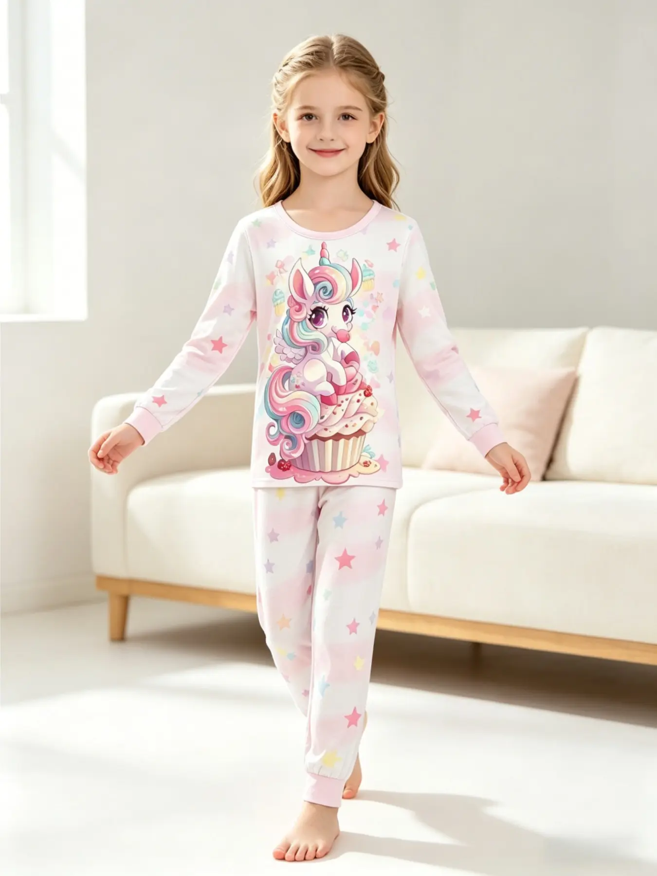 Cartoon Unicorn Pajama Set, Star Print Long Sleeve Sleepwear, Girls' Comfortable Home Clothes, Spring & Fall