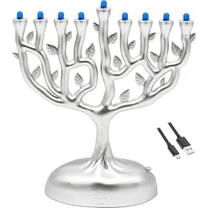 Silver Matte Small Electric Hanukkah Menorah Tree of Life Design LED Travel Use Batteries or USB Powered 4 Inch Micro USB Cable Included 6 Inches Tall
