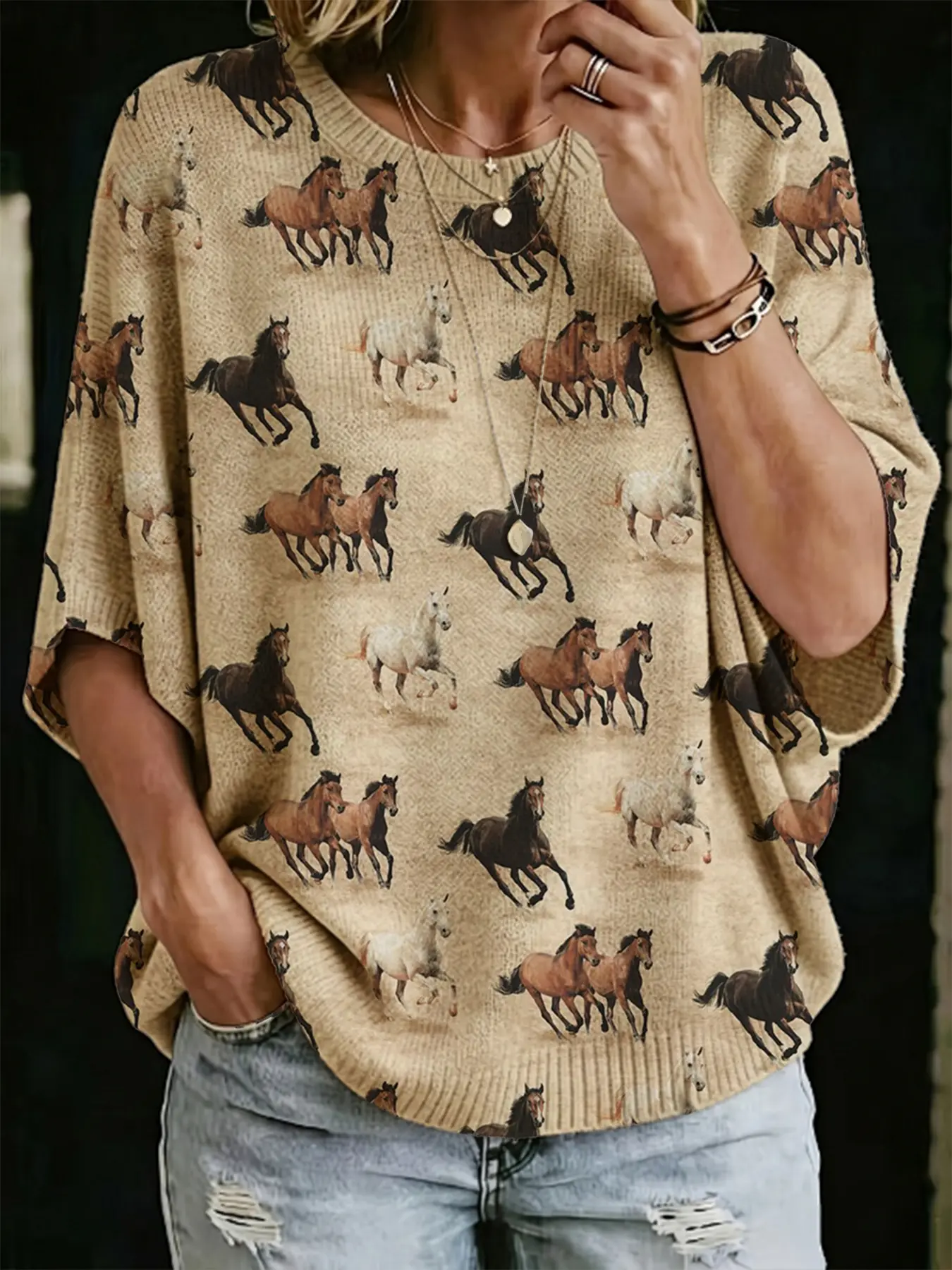 Women's Knit Top for Spring Summer Fall Winter, Casual Commute Wear, Horse Print Design, Versatile Daily