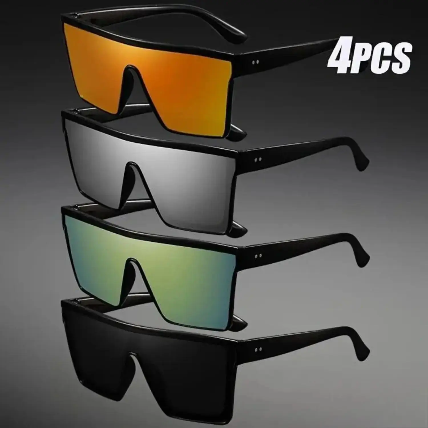 Women's & Men's Oversized Shield Goggle Sunglasses (4-Pack) - Large Flat Top Rubber Nylon Eyewear with UV400 UV Prevention for Cycling, Oversize Frame, Uv400 Shield, Flat Top Rim, 1-Piece Shield Goggle Sunglasses