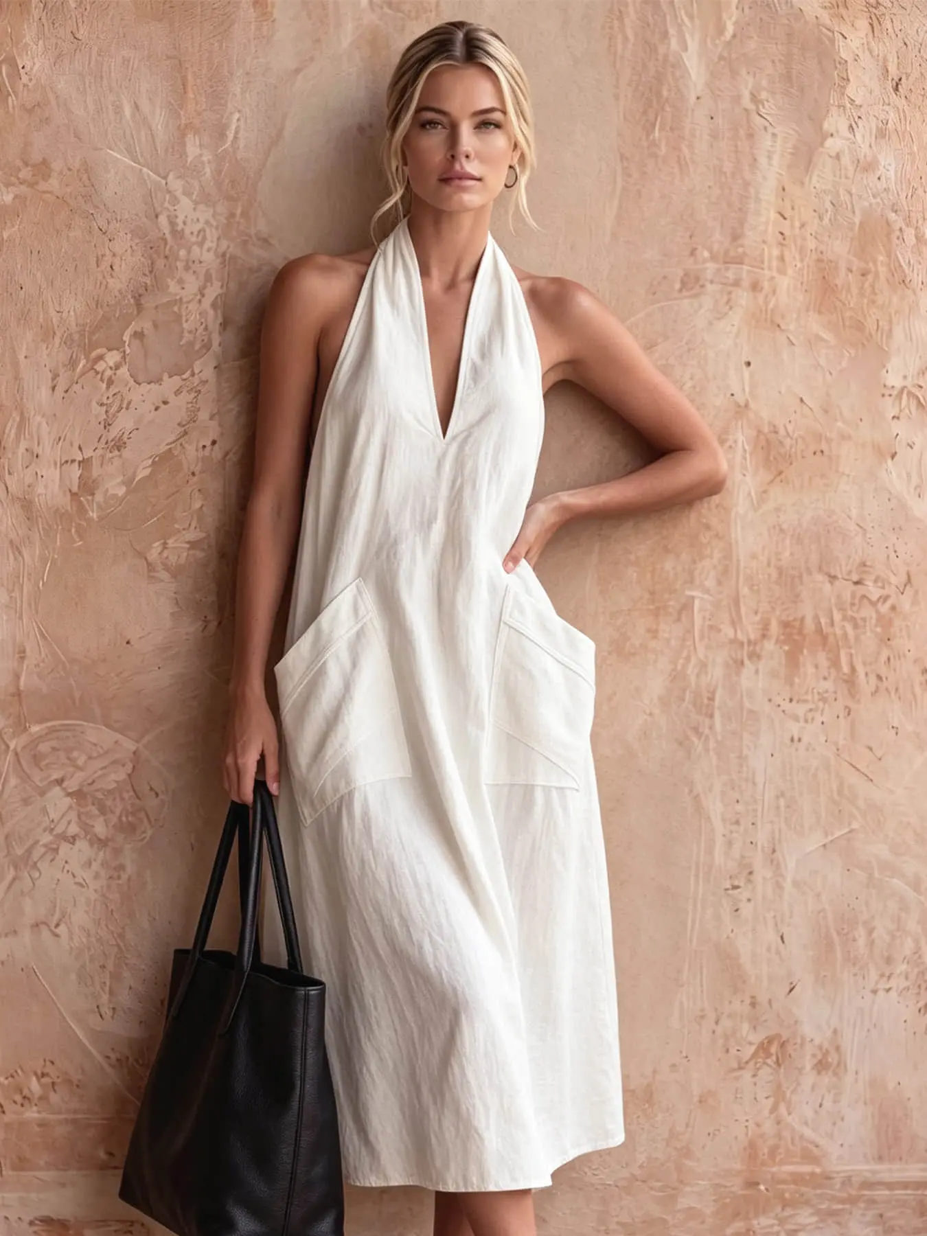 A fashionable Minimalist women's neck hanging V-neck dress, summer loose sleeveless mid length lazy vacation long dress suitable for beach vacation, coffee shop relaxation, afternoon tea, daily commuting, light office banquet